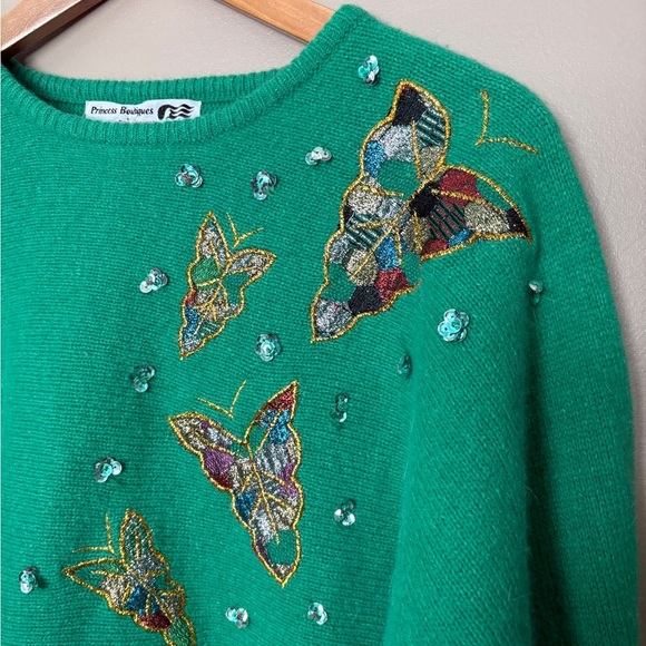 Princess Boutiques Sweaters - PRINCESS BOUTIQUES 1970s green sweater butterfly bedazzled lambswool angora EUC